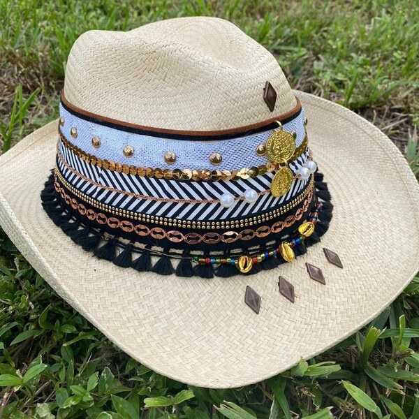 Colombian handMade hat, Black & White, Colorful summer hat for women, straw hat , beach hat , Decorated Hat