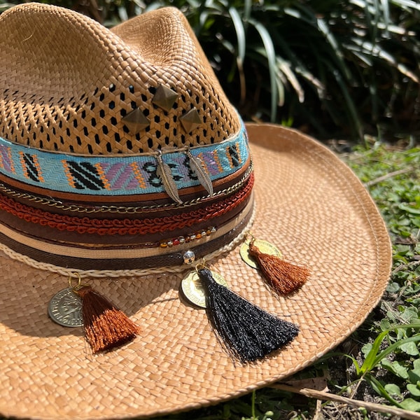 Colombian handMade hat, feather reference brown straps, Colorful summer hat for women, straw hat , beach hat , Decorated Hat, gift for her
