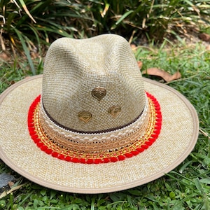 Colombian handMade hat, red details, Colorful summer hat for women, straw hat , beach hat , Decorated Hat