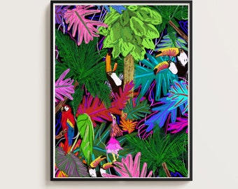 Rainforest art, contemporary art , college art wall , girls room art , nature wall print , colorful prints , maximalist art print