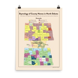 North Dakota USA County Name Etymologie Poster
