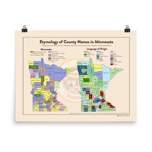 Może przedstawiać: Kolorowa mapa Minnesoty przedstawiająca etymologię nazw hrabstw. Mapa jest podzielona na dwie sekcje, jedną dla patronów, a drugą dla języka pochodzenia. Patronów wymieniono w różnych kolorach, w tym niebieskim, zielonym, żółtym i czerwonym. Język pochodzenia wymieniono w różnych kolorach, w tym zielonym, niebieskim, czerwonym i fioletowym. Mapa jest otoczona białą ramką.