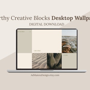 Pode incluir: Um ecrã de computador portátil a mostrar um papel de parede digital para desktop com uma grelha de seis imagens. As imagens são de areia, uma planta, uma praia e três cores sólidas. O texto "To Do", "Creative" e "Copy" é visível no ecrã. O texto "AdMaioraDesign.etsy.com" é visível na parte inferior do ecrã.