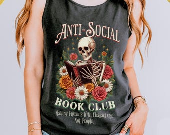 Anti-Social Book Club Tank Top Comfort Colors,Gothic tank top, Gift for Introverts,Book Lovers shirt,Romance Readers gift,Vintage Antisocial