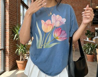 Tulips Shirt, Watercolor Tulips Bouquet Comfort Colors Tee, Nature Lover Tee, Cottagecore Shirt, Gift for Her, Wildflowers Shirt, Floral Tee