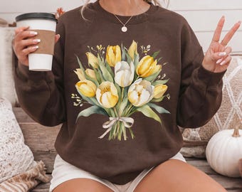 Yellow Tulips Sweatshirt | Aesthetic Tulips Bouquet Sweatshirt | Tulip Festival Outfit| Garden lovers Gift | Botanical sweater |Gift for her