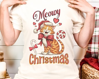 Orange Quirky CAT Christmas Shirt/Sweatshirt, Quirky Christmas Cat, Funny Christmas Cat, Meowy Christmas Sweatshirt, Cat Mom Christmas Gift