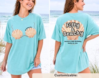 Fifty & Beachy Birthday Shirt, 50th Birthday Trip Shirt, Cruise Birthday Shirt, Tropical Birthday Trip or Cruise Tee, Beach birthday Shirt