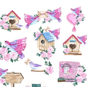 Clipart, spring watercolor set, birds, flowers, doors, postcards, spring set. Digital clipart PNG hand painted