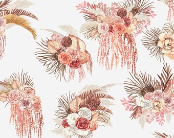 Watercolor Boho Bouquet Clipart PNG, Hand Drawn Neutral Floral Illustration, Rustic Digital Download