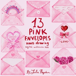 Pink envelopes watercolor clipart png, Valentine’s Day pink set illustration