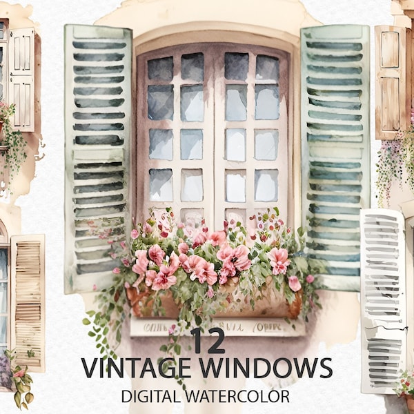 Watercolor Provence streets, watercolor windows, Provence windows, windows with flowers. PNG clipart