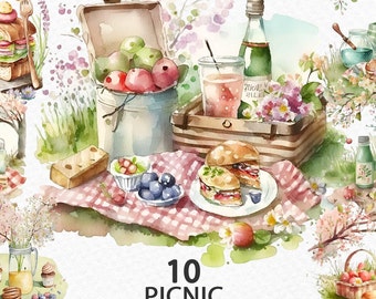 Watercolor summer cute picnic, garden picnic, summer clipart. PNG clipart