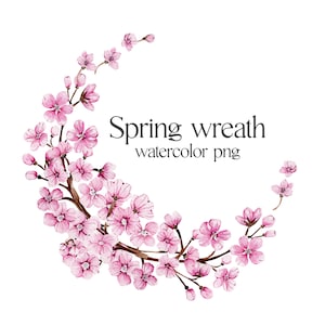 Clipart. Cherry blossom watercolor wreath. Digital PNG Clipart