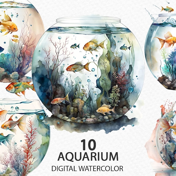 Watercolor cute fish tank, glass round aquarium, goldfish. PNG clipart