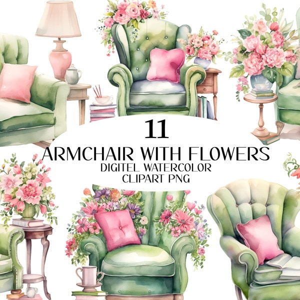 Watercolor clipart, cozy reading nook, green armchair, stack of books, pink flowers. png clipart