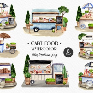 Watercolor food cart, street food, street cafe, party, picnic, fair. Digital clipart PNG