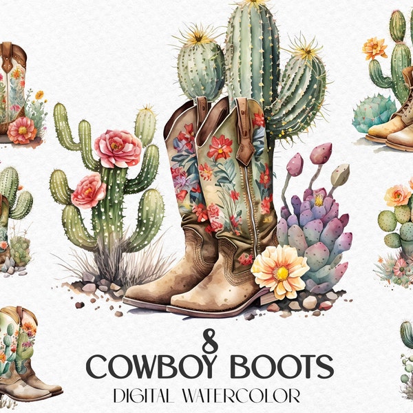 Watercolor cowboy boots with cactus, ranch, desert, shoes, country boots. Digital clipart PNG