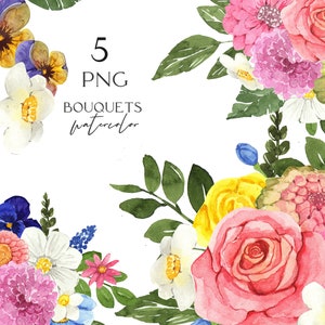Multicolored floral bouquets - Clipart png, watercolor flowers, pink flowers, pansies, digital clipart png