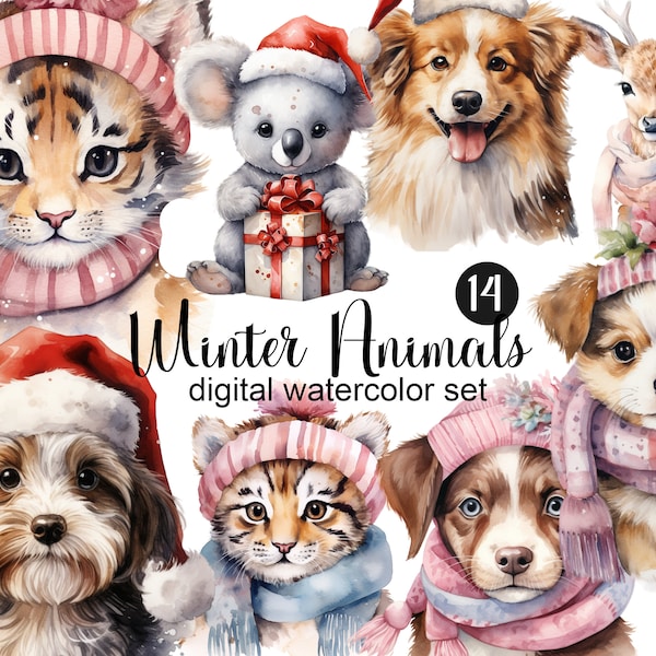 Watercolor cute winter animals, Christmas clipart png, animals watercolor, winter clipart, dog Christmas, deer winter, tiger winter, koala