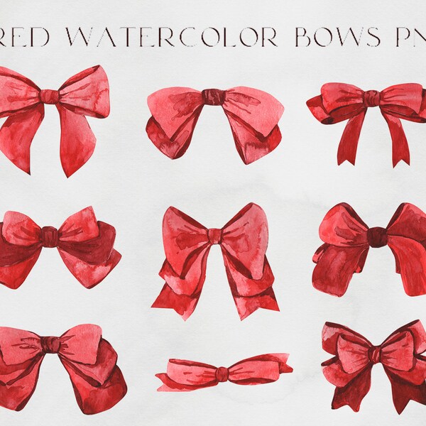 watercolor set of red bows, bows for decoration of holiday gifts and cards, new year clipart