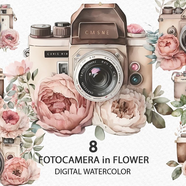 Watercolor camera in flowers, camera vintage, camera retro, spring clipart. PNG clipart