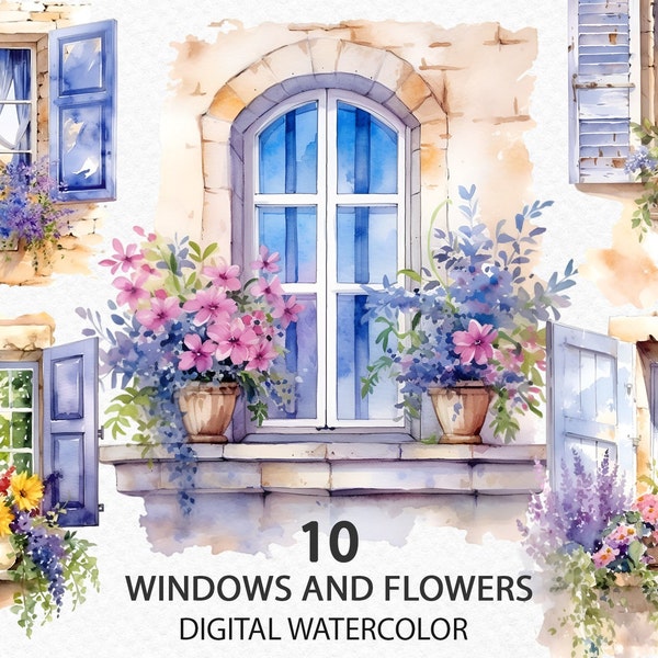 Watercolor Provence streets, watercolor windows, Provence windows, windows with flowers. PNG clipart