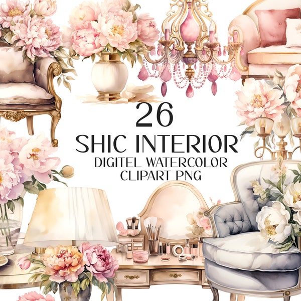 Watercolor clipart chic interior furniture, decor, sofa, armchair, sconce clipart png