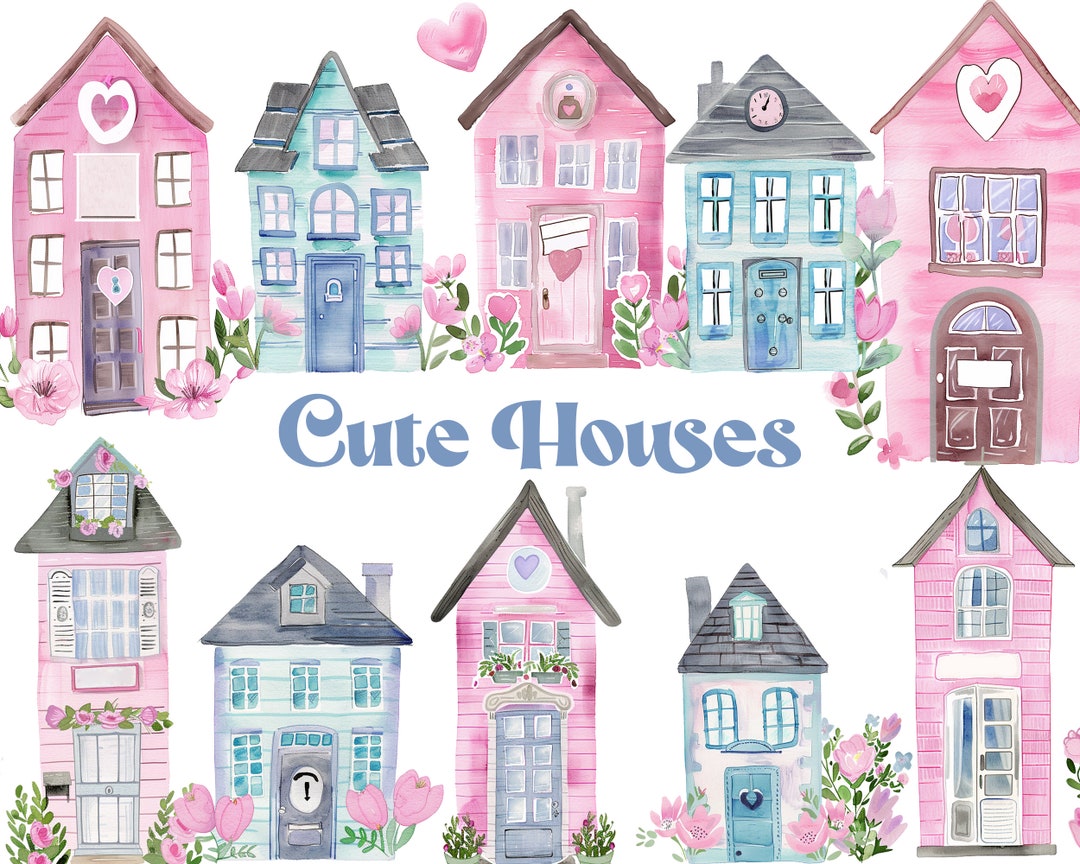 Watercolor Clipart, Set of Cute Houses, Pink and Naked Houses Png ...