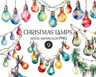 Watercolor winter Christmas garland with light bulbs clipart png, Christmas clipart, garland decor