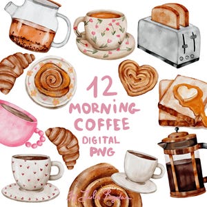 Aesthetic Coffee Croissant Clipart | Watercolor Morning PNGs | Digital Download for Kitchen & Cafe Art