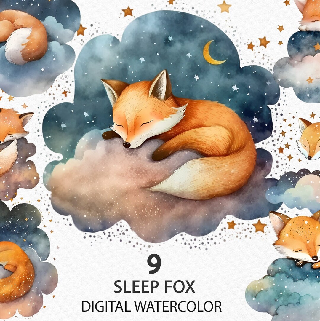 Watercolor Cute Fox Sleeps on a Cloud. PNG Clipart - Etsy