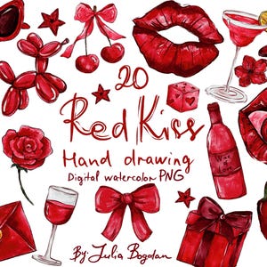 Watercolor romantic clipart png, red kiss, lips png, valentines day, wine, gift letter, red illustrations