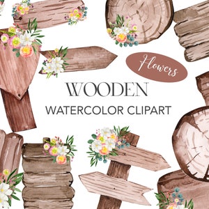 Watercolor wooden flowers clipart PNG. Wooden pointer, board, signpost.