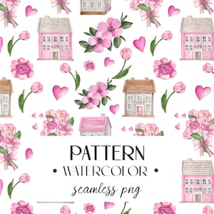 Watercolor House spring pink flower seamless psttern, digital paper, fabric textile. Digital Png