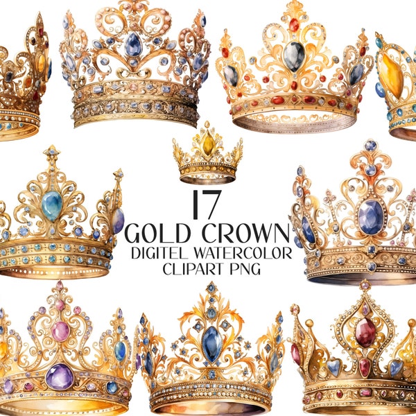 Watercolor clipart, gold crown with gems, png clipart