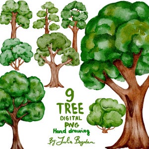 May include: Nine watercolor illustrations of green trees with brown trunks. The trees are isolated on a white background. The text "9 TREE DIGITAL PNG Hand drawing By: Julia Bogdan" is written in green below the trees.