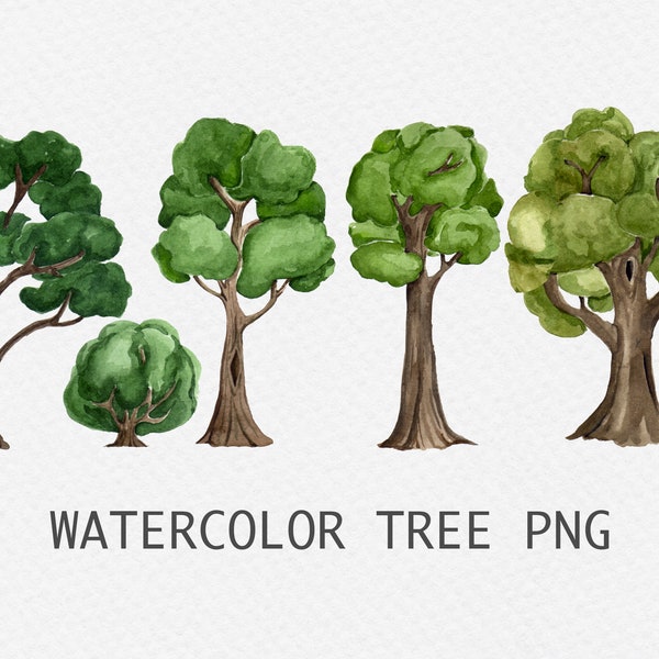 Clipart. Watercolor green trees and shrubs. Digital clipart png