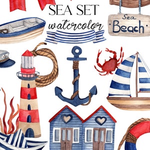 Clipart. Watercolor sea  set, steering wheel, lighthouse, boat, crab, anchor. Digital clipart png