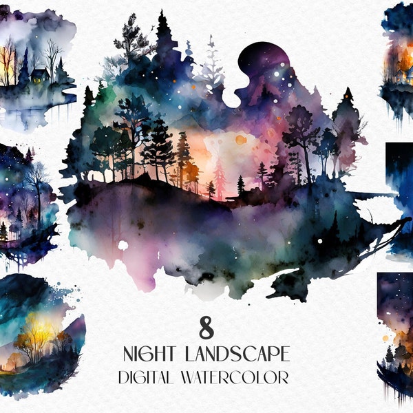 Watercolor night landscape, sky stars, dark blue. Digital clipart png