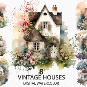 Watercolor cute vintage house, cottage, garden house, cozy home. PNG clipart