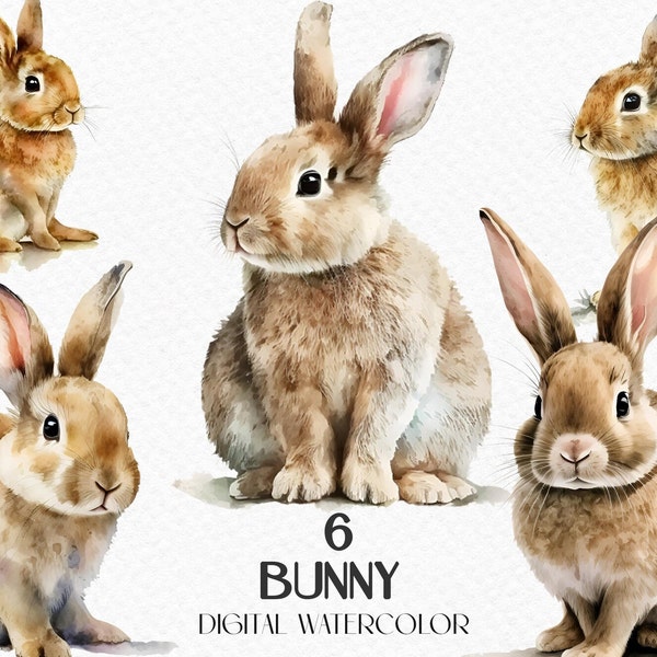 Watercolor cute brown rabbit. Digital clipart png