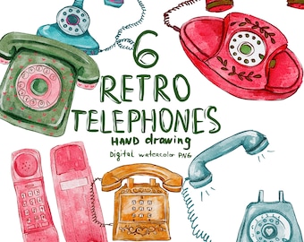 Retro telephones watercolor, vintage colored telephones png clipart