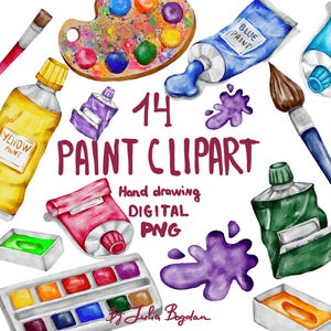 Colorful clipart watercolor paints objects, brush, tubes, for decoration