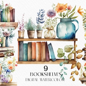 Watercolor cute bookshelf with potted flowers, potted flowers, stack of books. Digital clipart png