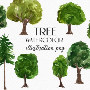 Clipart. Watercolor green trees and shrubs. Digital clipart png