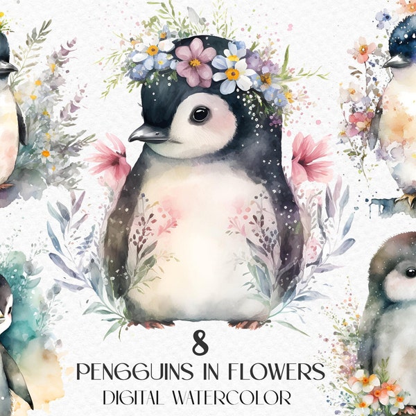 Watercolor penguins in flowers, penguin set, summer penguin. Digital clipart png