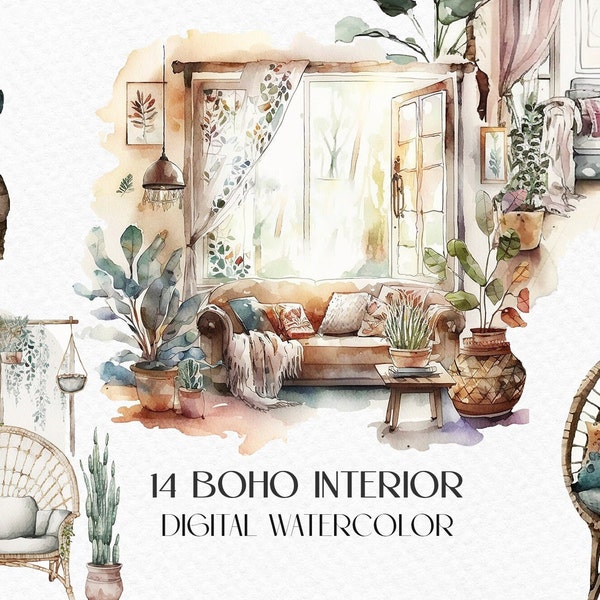 Watercolor boho interior, boho room, cozy interior. Digital clipart png