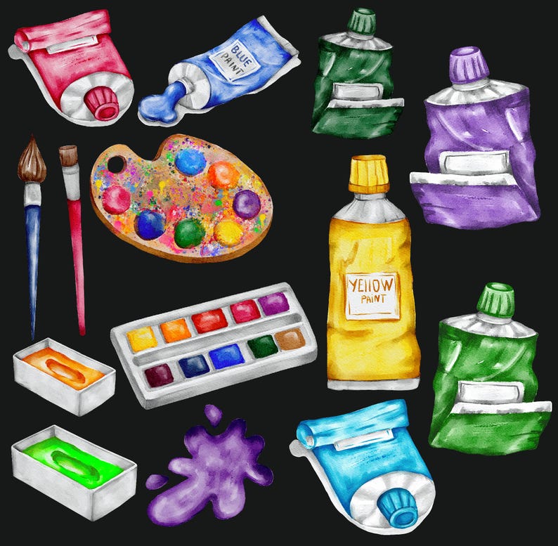 Colorful Clipart Watercolor Paints Objects, Brush, Tubes, for ...