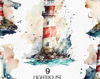 Watercolor sea lighthouse, red lighthouse, lighthouse on the sea. Digital clipart png